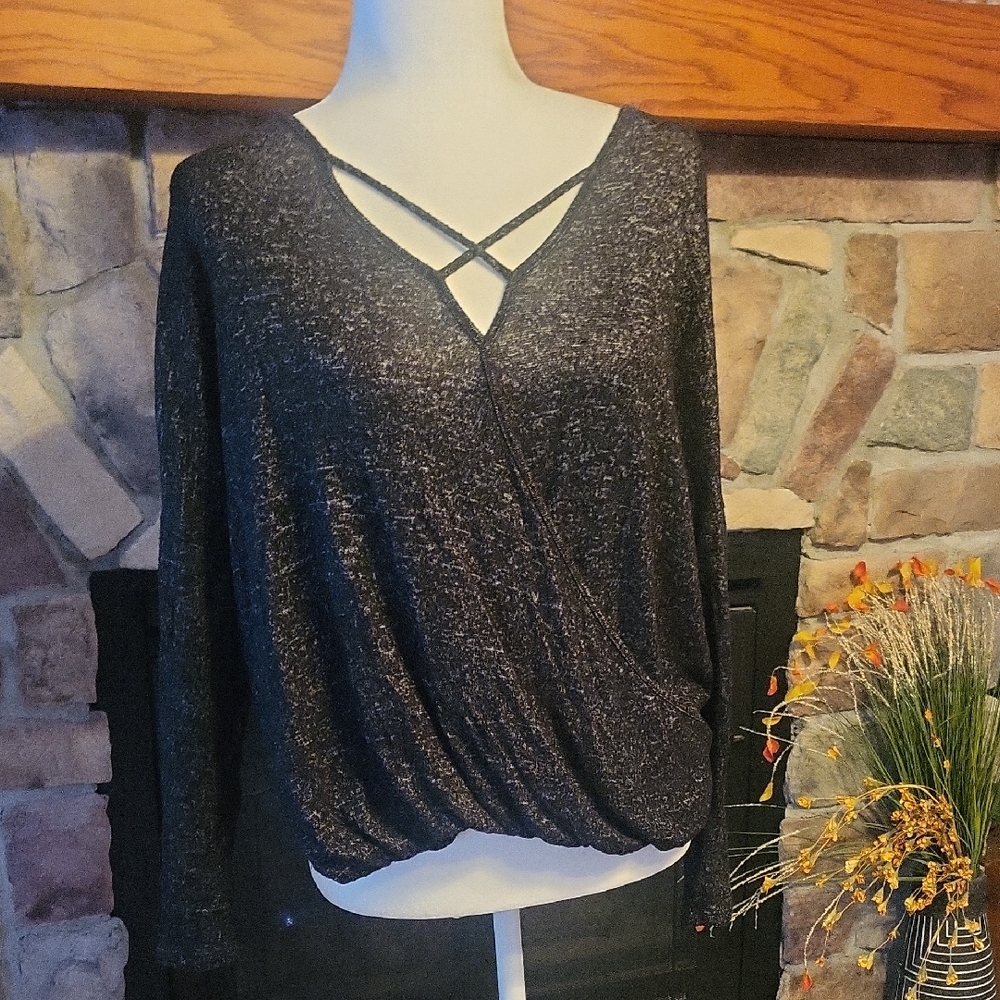 Green Envelope Charcoal Criss-Cross Blouse